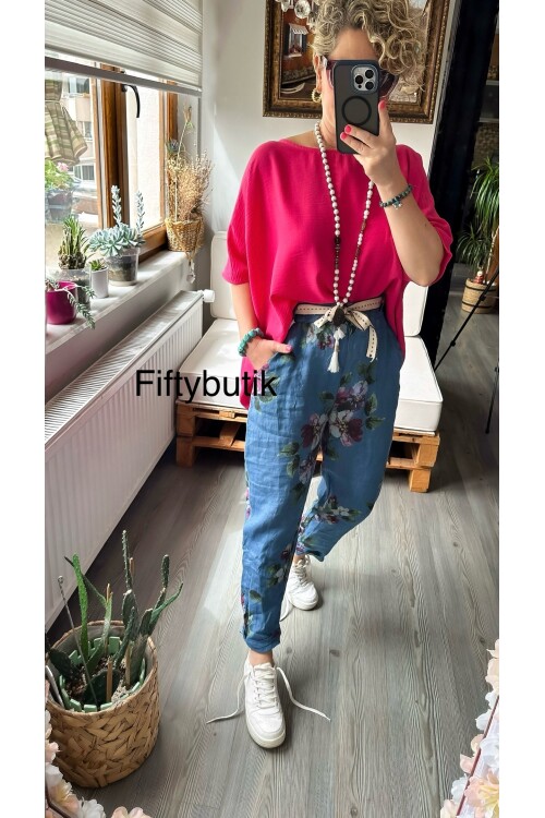 Delli İtalyan Çiçek Desen İndigo Mavi Keten Pantolon