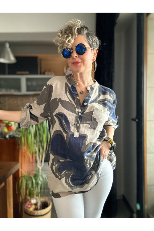 Desci Yaprak Gül Desen İtalyan Gömlek Bej