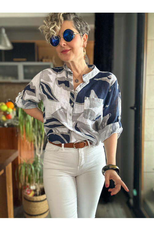 Desci Yaprak Gül Desen İtalyan Gömlek Beyaz