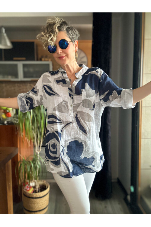 Desci Yaprak Gül Desen İtalyan Gömlek Beyaz