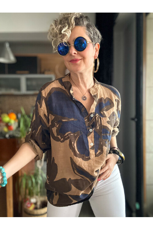 Desci Yaprak Gül Desen İtalyan Gömlek Cappuccino