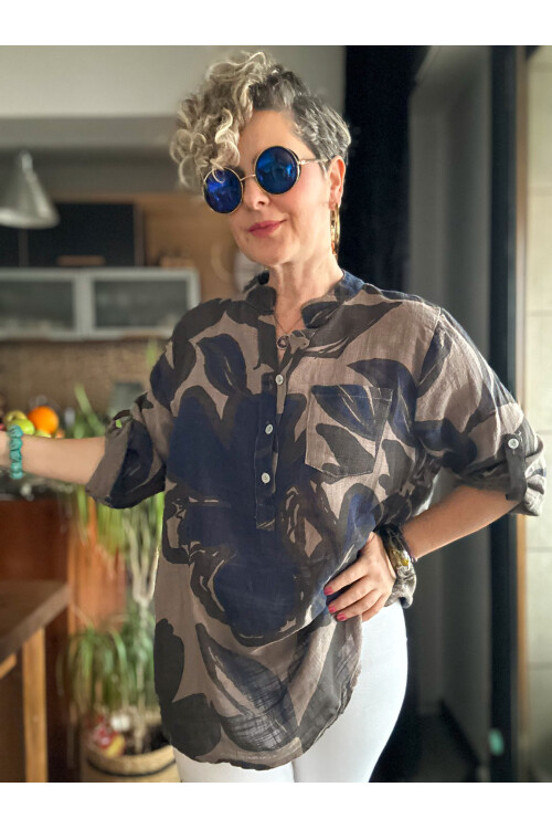 Desci Yaprak Gül Desen İtalyan Gömlek Vizon