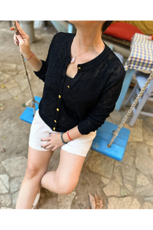 Dilan Gold Düğme Merserize Hırka Siyah