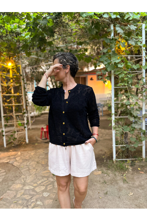 Dilan Gold Düğme Merserize Hırka Siyah