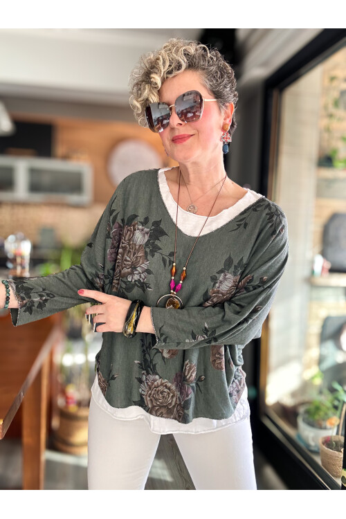 Ento Çiçek Desen Kolyeli İtalyan Bluz Haki