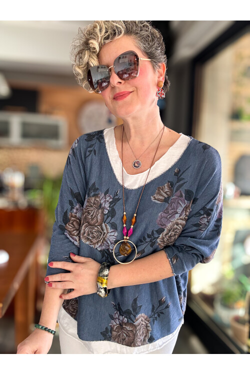 Ento Çiçek Desen Kolyeli İtalyan Bluz İndigo Mavi