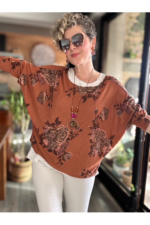 Ento Çiçek Desen Kolyeli İtalyan Bluz Kiremit