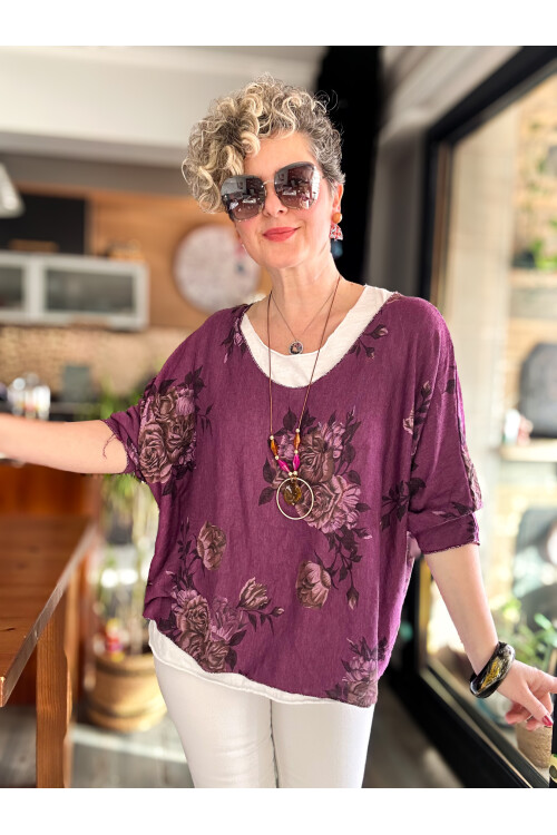 Ento Çiçek Desen Kolyeli İtalyan Bluz Mor