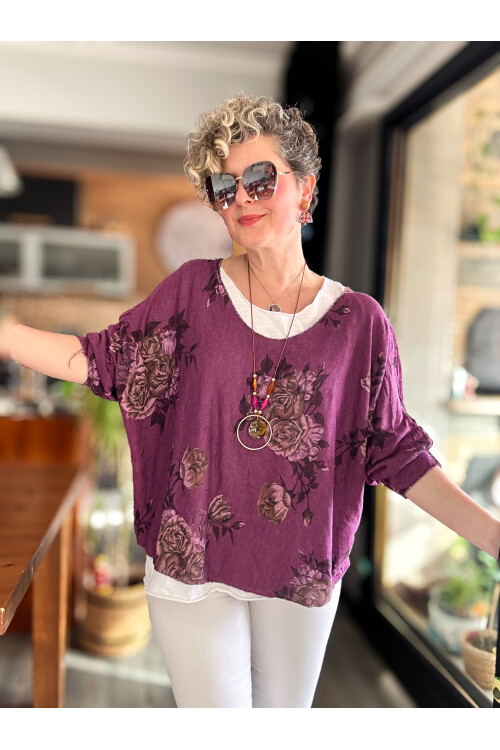 Ento Çiçek Desen Kolyeli İtalyan Bluz Mor