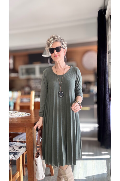 Fabro İtalyan Kolyeli Pilise Detay Elbise Haki