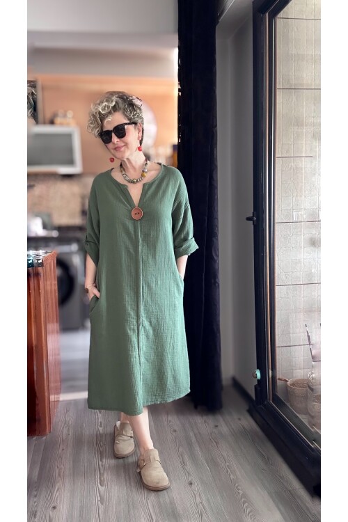 Faleria Müslin Tahta Düğme Elbise Haki