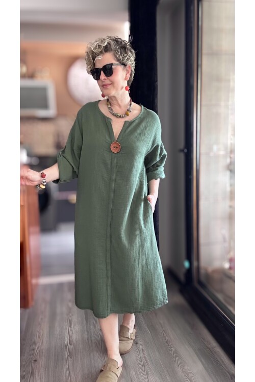 Faleria Müslin Tahta Düğme Elbise Haki