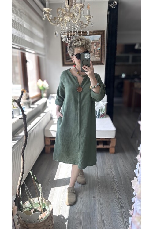 Faleria Müslin Tahta Düğme Elbise Haki