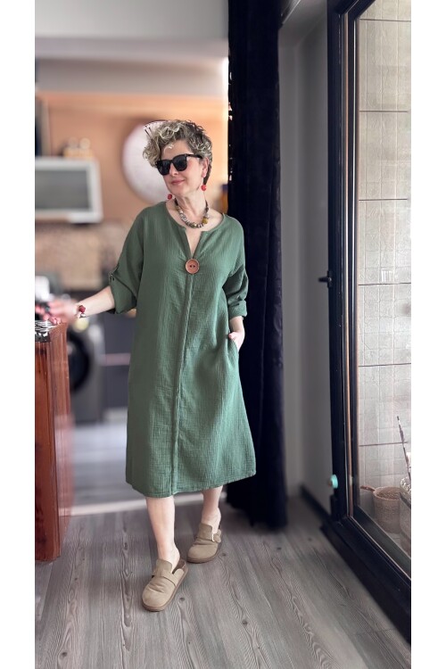 Faleria Müslin Tahta Düğme Elbise Haki