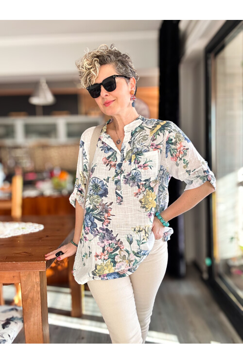 Felice Gül Desenli İtalyan Gömlek Beyaz