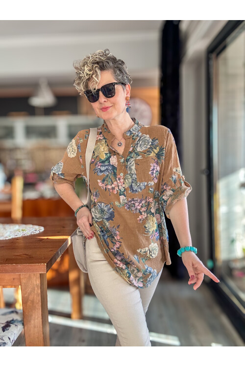 Felice Gül Desenli İtalyan Gömlek Cappuccino