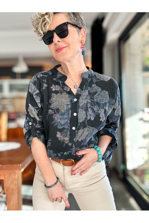 Felice Gül Desenli İtalyan Gömlek Siyah