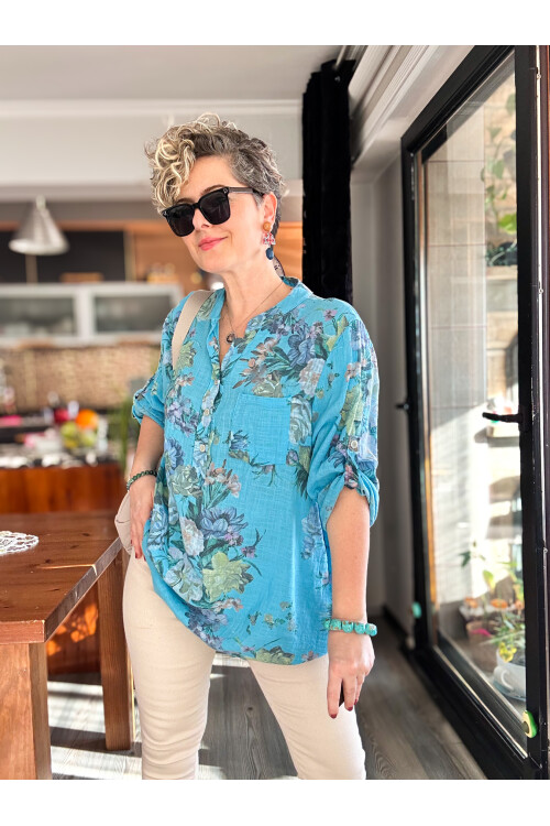 Felice Gül Desenli İtalyan Gömlek Turkuaz