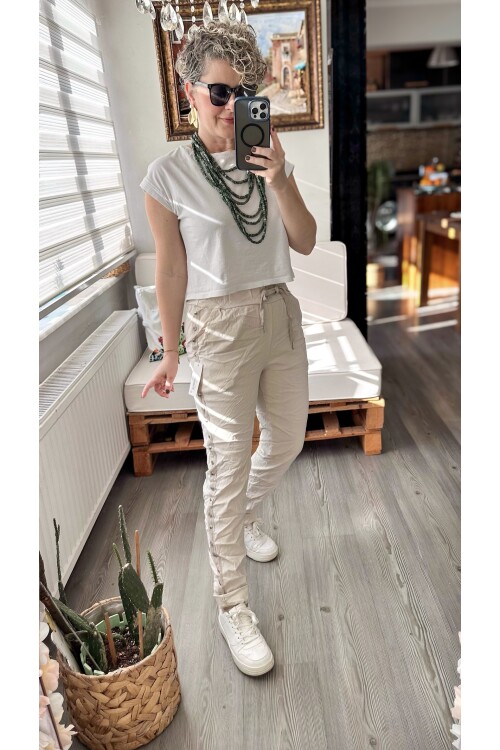 Felisa  İtalyan Sihirli Zımba Detay Pantalon Beige