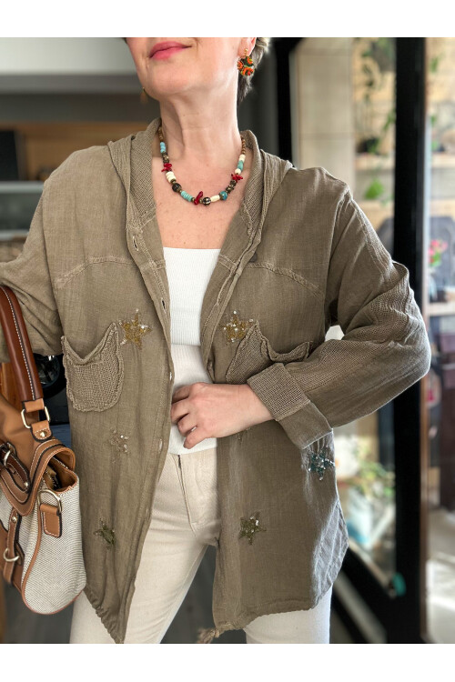 Feliz Yıldız File Detay Pul İşleme Hırka Ceket Vizon