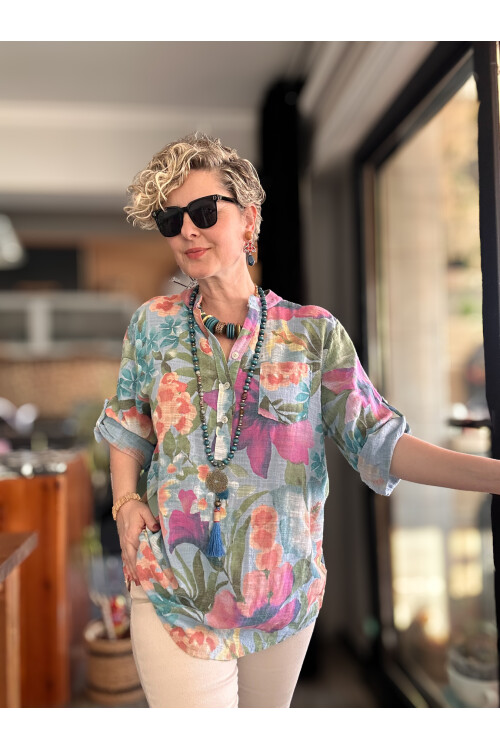 Felli Zambak Desen Desenli İtalyan Gömlek Açık Mavi