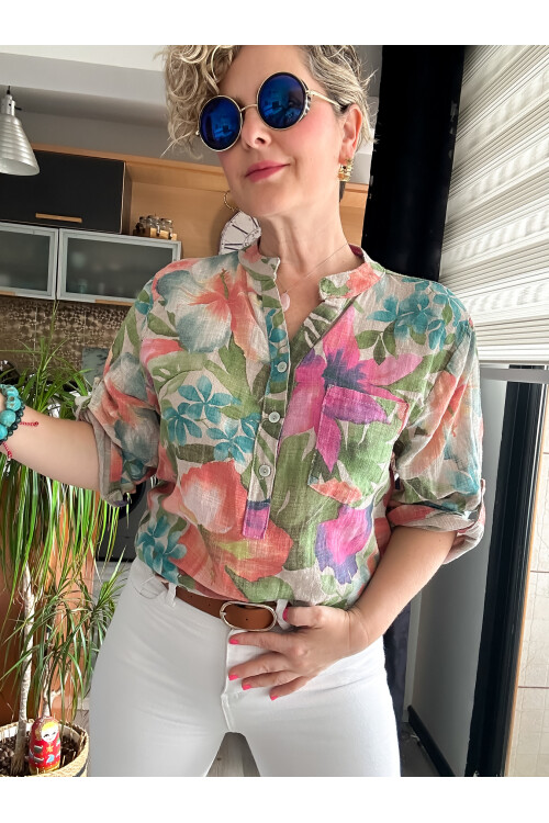 Felli Zambak Desen Desenli İtalyan Gömlek Bej