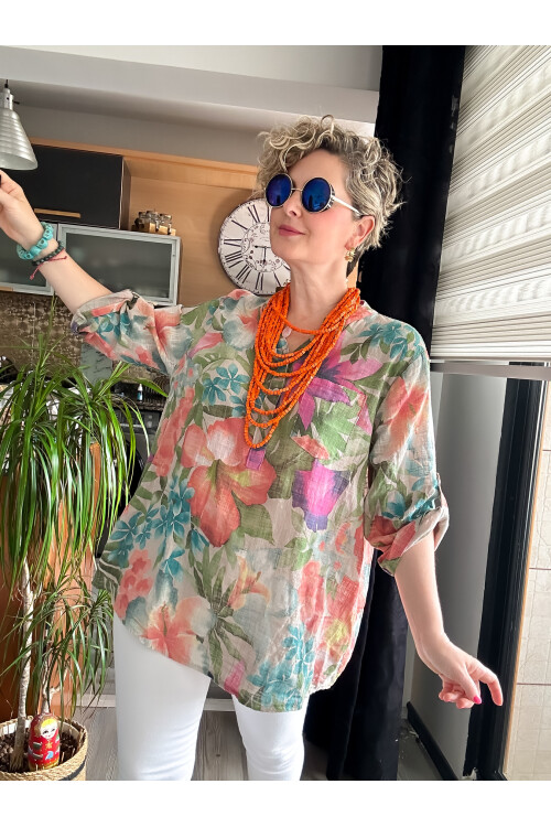 Felli Zambak Desen Desenli İtalyan Gömlek Bej