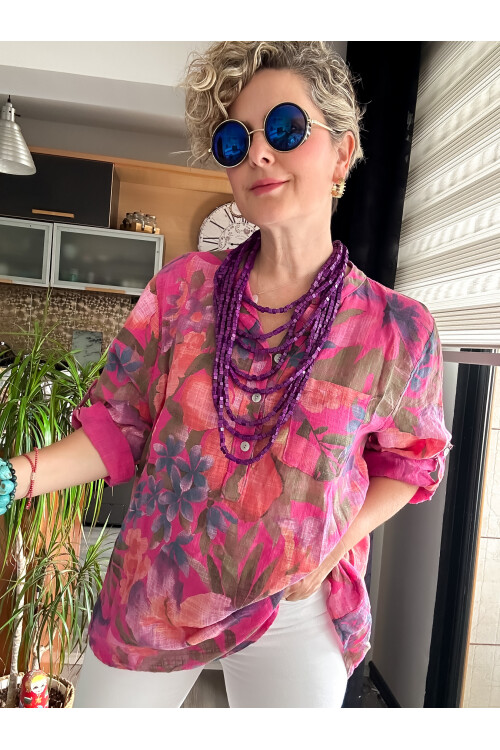 Felli Zambak Desen Desenli İtalyan Gömlek Fuşya