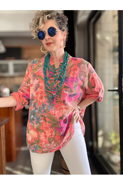 Felli Zambak Desen Desenli İtalyan Gömlek Mercan