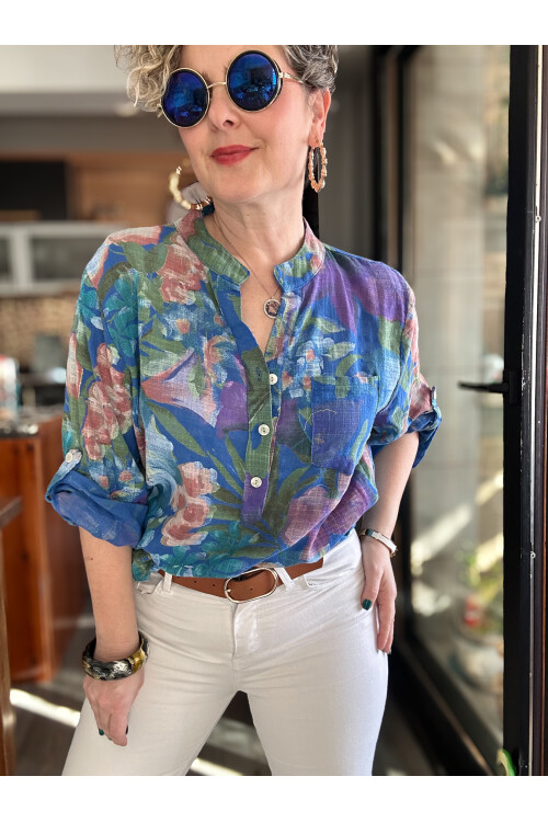 Felli Zambak Desen Desenli İtalyan Gömlek Turkuaz
