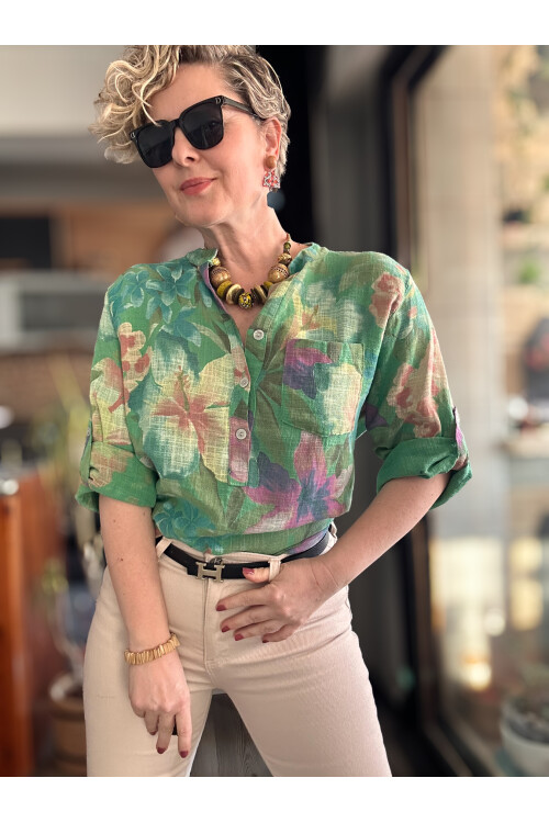 Felli Zambak Desen Desenli İtalyan Gömlek Yeşil