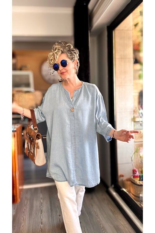 Felpa İtalyan Tek Düğme Tencel Kot Bluz Bebe Mavi