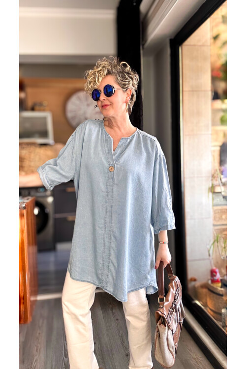 Felpa İtalyan Tek Düğme Tencel Kot Bluz Bebe Mavi