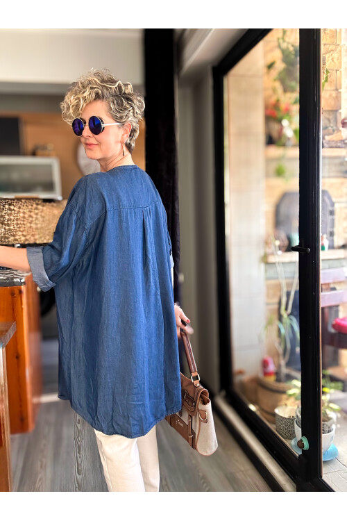 Felpa İtalyan Tek Düğme Tencel Kot Bluz Lacivert