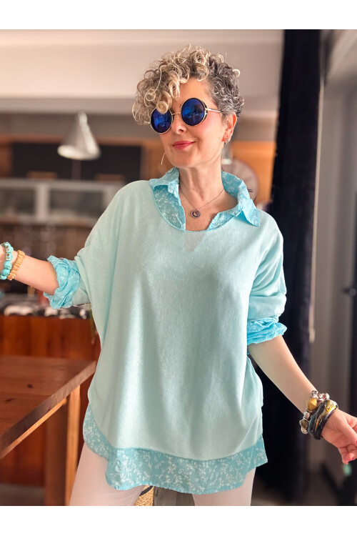 Femme İtalyan Gömlekli Bluz Triko Takım Bebe Mavi