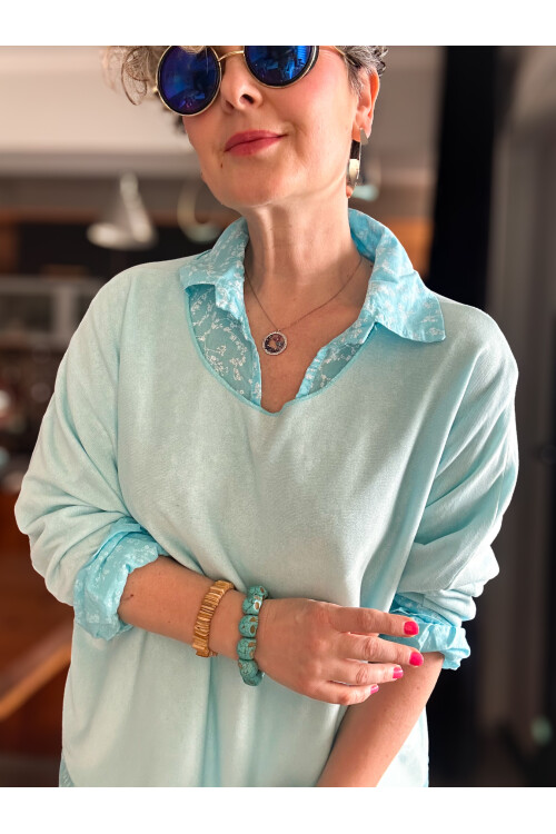 Femme İtalyan Gömlekli Bluz Triko Takım Bebe Mavi