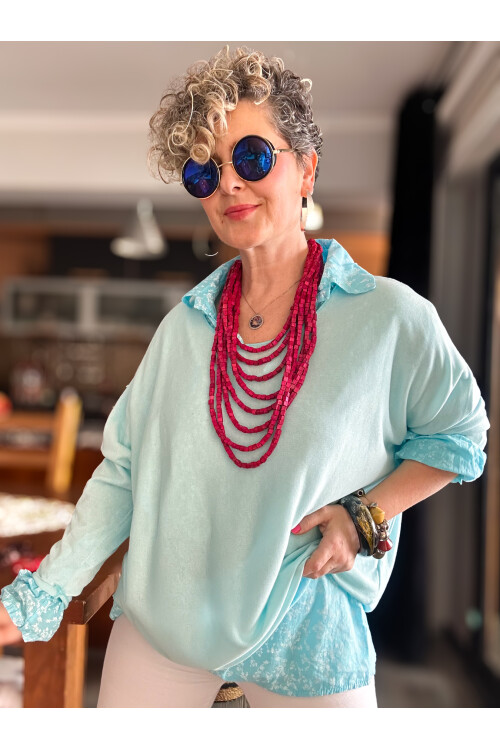 Femme İtalyan Gömlekli Bluz Triko Takım Bebe Mavi