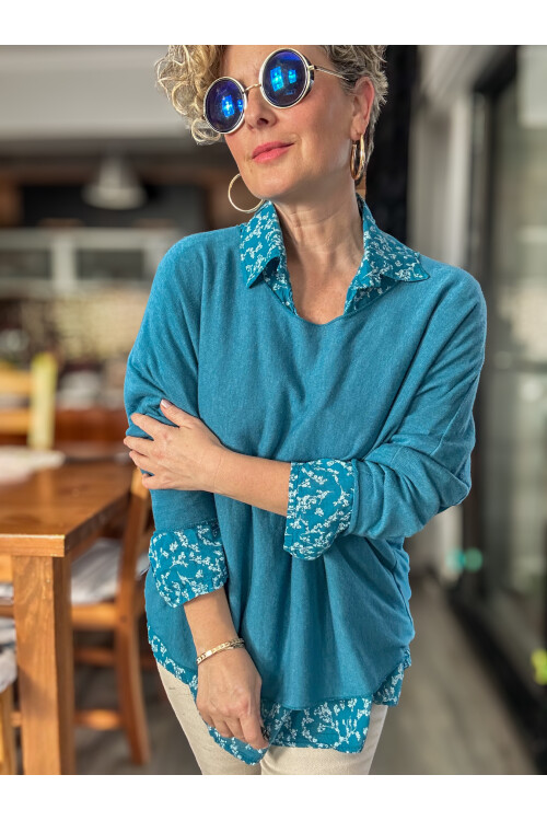 Femme İtalyan Gömlekli Bluz Triko Takım Turkuaz