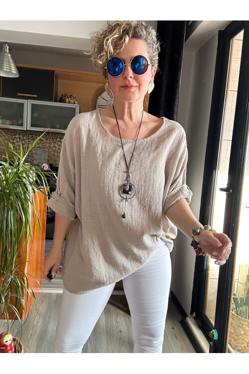 Fezza İthal Kolyeli Tasarım Bluz Beige