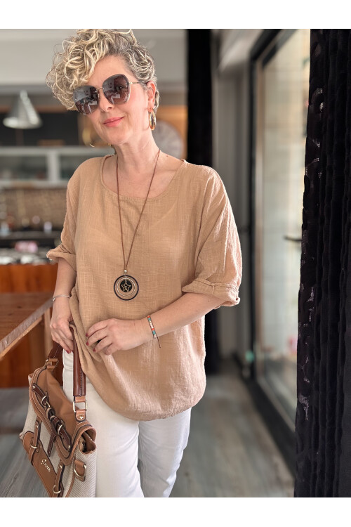 Fezza İthal Kolyeli Tasarım Bluz Cappuccino