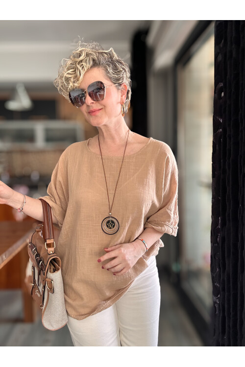 Fezza İthal Kolyeli Tasarım Bluz Cappuccino