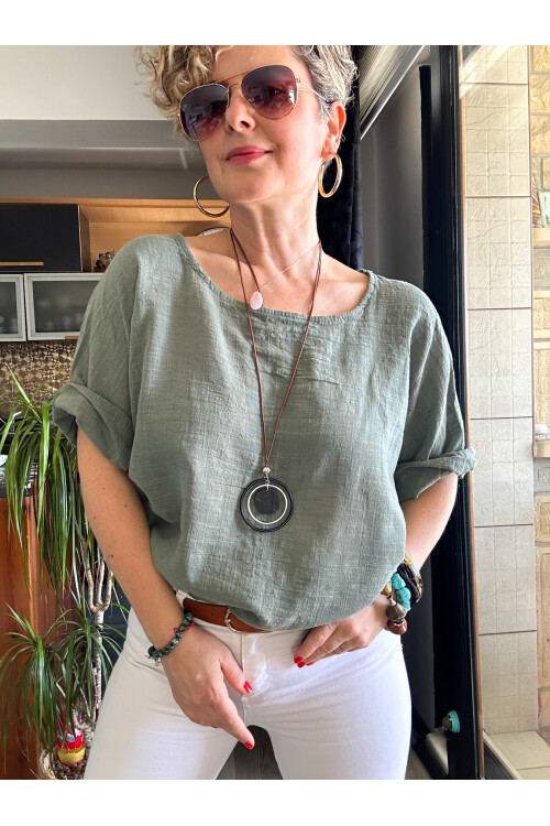 Fezza İthal Kolyeli Tasarım Bluz Haki Yeşil