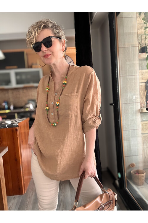 Figi İtalyan Tek Cep Gömlek Cappucino