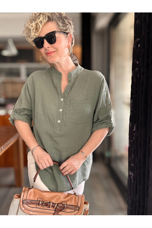 Figi İtalyan Tek Cep Gömlek Haki Yeşil