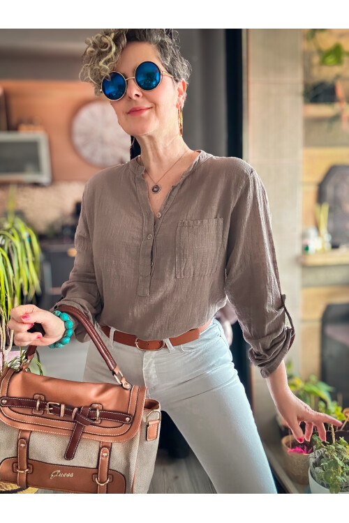 Figi İtalyan Tek Cep Gömlek Vizon