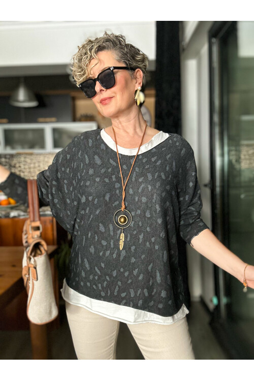 Fuggi Leopar Desen Kolyeli İtalyan Bluz Nero