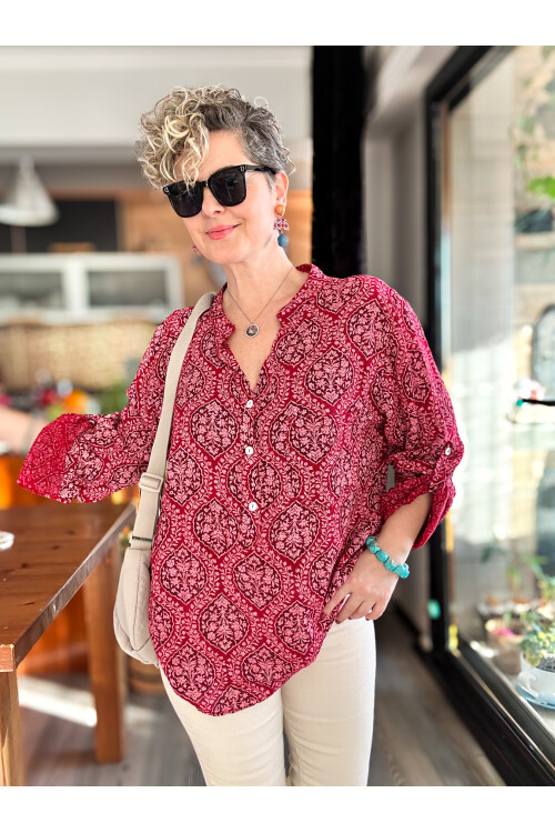 Gaffe Çini Desen İtalyan Gömlek Vişne