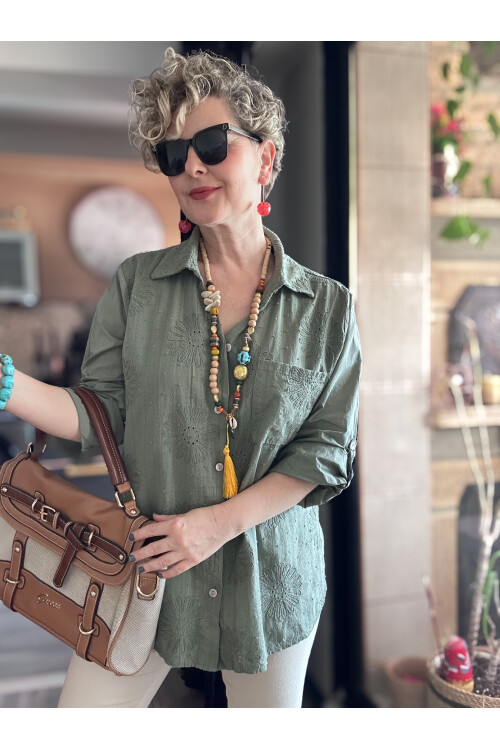 Gesso İtalyan Çiçek Fisto Detay Gömlek Haki