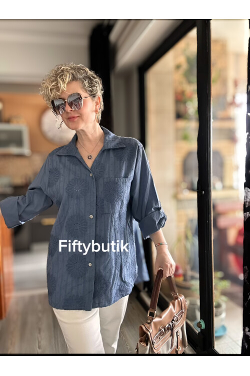 Gesso İtalyan Çiçek Fisto Detay Gömlek İndigo