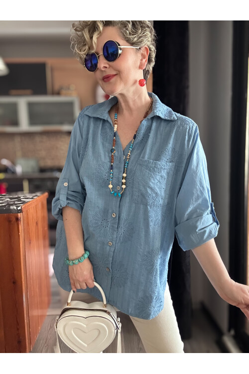 Gesso İtalyan Çiçek Fisto Detay Gömlek Mavi